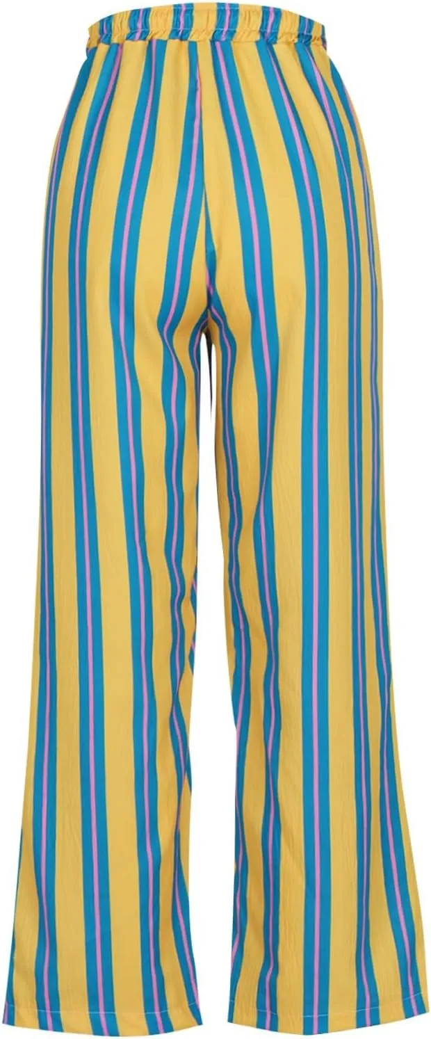 Palazzo Pants for Women Drawstring Stripe Wide Leg Trousers Casual Low Rise Loose Lounge Pants with Pockets