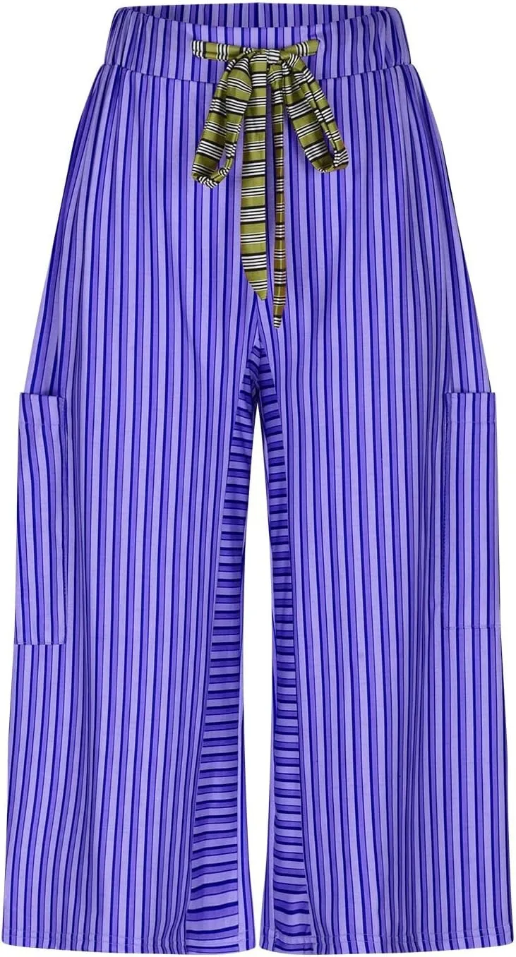 Palazzo Pants for Women Drawstring Stripe Wide Leg Trousers Casual Low Rise Loose Lounge Pants with Pockets