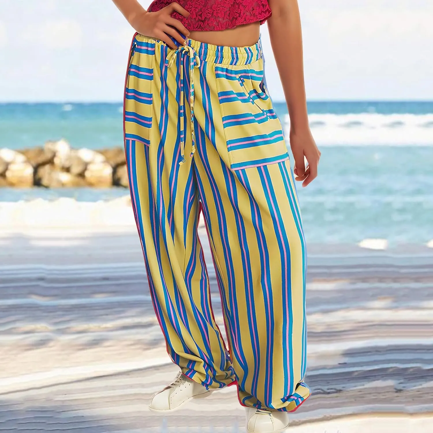 Palazzo Pants for Women Drawstring Stripe Wide Leg Trousers Casual Low Rise Loose Lounge Pants with Pockets