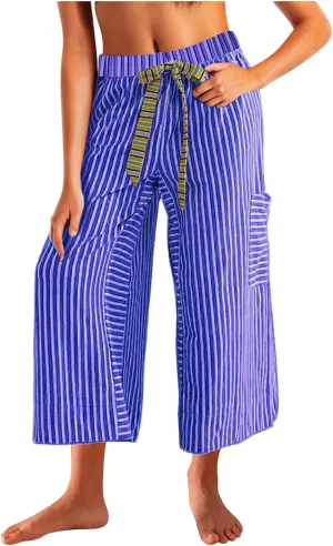 Palazzo Pants for Women Drawstring Stripe Wide Leg Trousers Casual Low Rise Loose Lounge Pants with Pockets