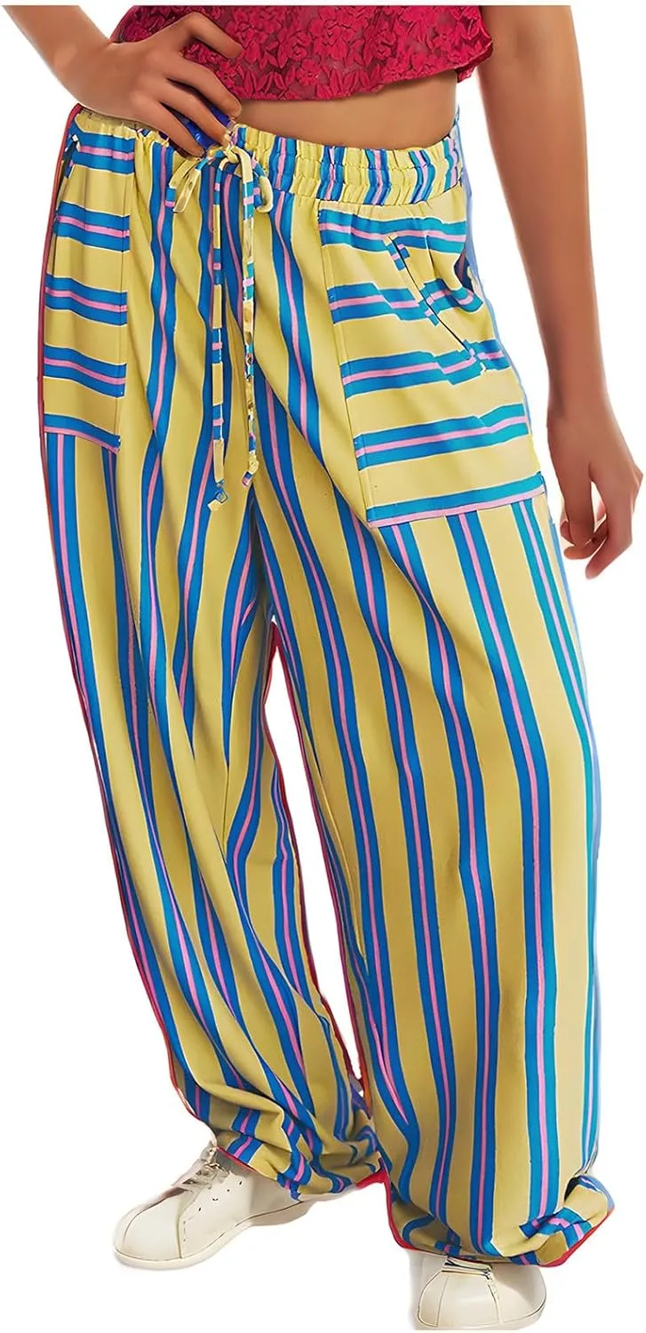 Palazzo Pants for Women Drawstring Stripe Wide Leg Trousers Casual Low Rise Loose Lounge Pants with Pockets