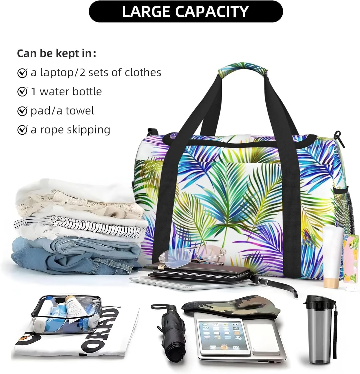 Palm Leaves Bright Duffle Bag Foldable Travel Tote Bag Carry On Large Weekender Overnight Bags Waterproof Gym Bag For Women Men