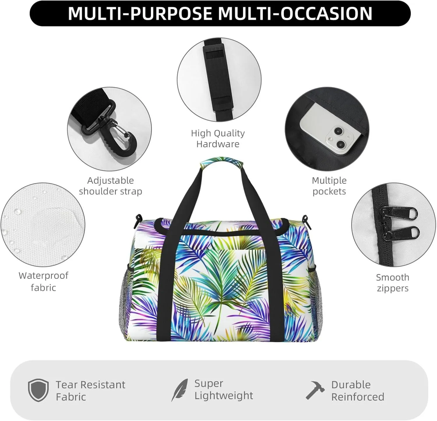 Palm Leaves Bright Duffle Bag Foldable Travel Tote Bag Carry On Large Weekender Overnight Bags Waterproof Gym Bag For Women Men