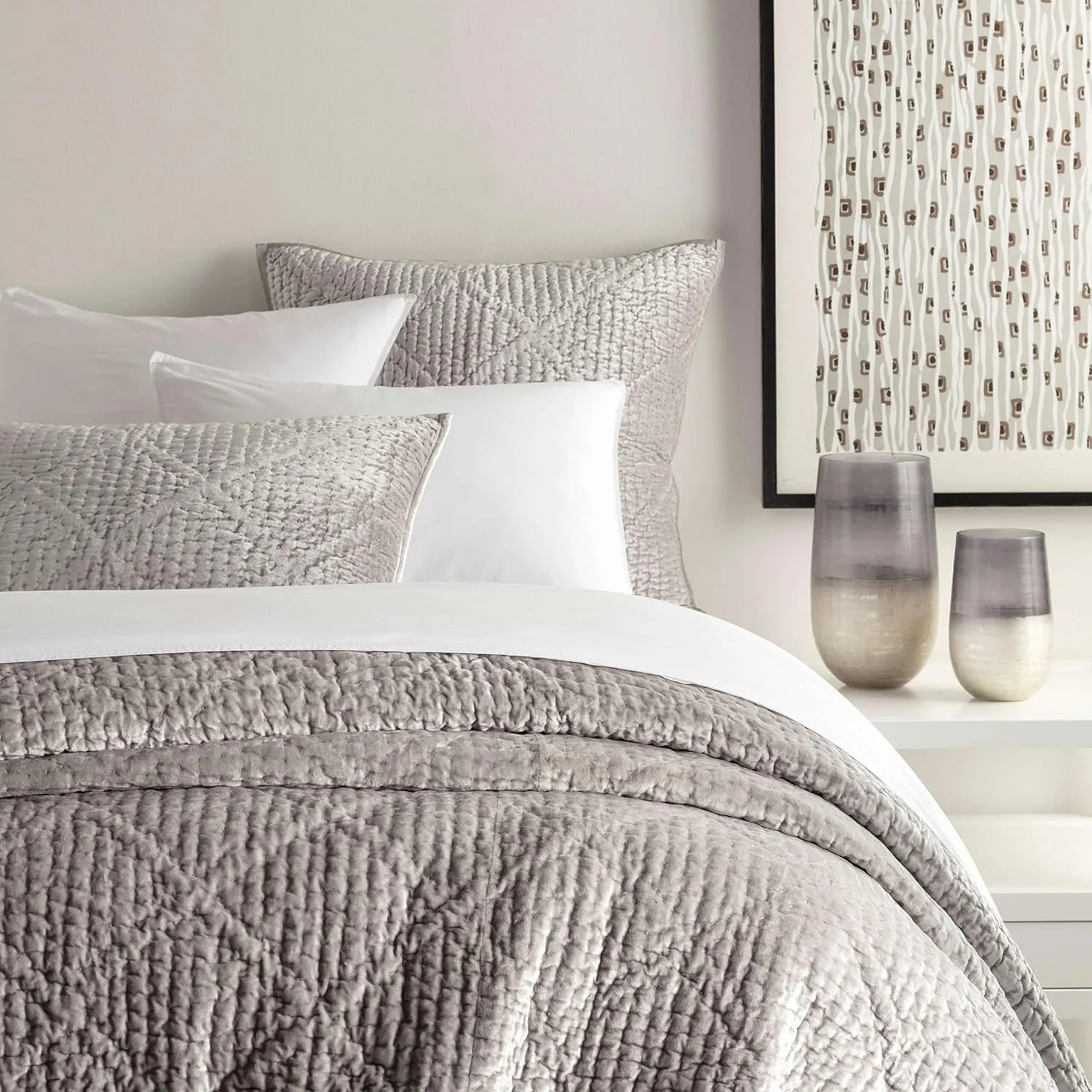 Parisienne Velvet Grey Quilted Sham, Euro Size, Grey Solid Pattern
