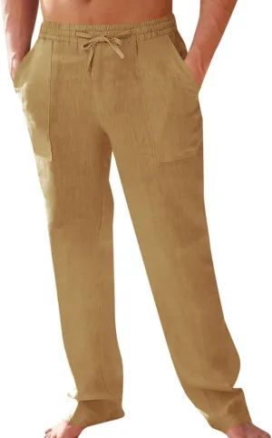 PASLTER Men's Cotton Linen Pants Elastic Waist Drawstring Casual Trouser Lightweight Straight-Legs Loose Beach Yoga Pants