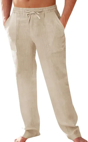 PASLTER Men's Cotton Linen Pants Elastic Waist Drawstring Casual Trouser Lightweight Straight-Legs Loose Beach Yoga Pants