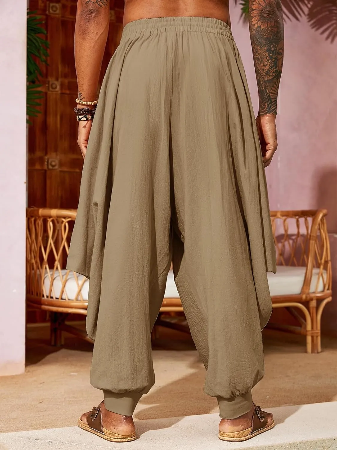 PASLTER Mens Harem Pants Linen Yoga Beach Baggy Summer Boho Aladdin Genie Pants