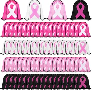 Paterr 144 Pcs Breast Cancer Awareness Drawstring Backpack Ribbon Drawstring Bags Breast Cancer Awareness Accessories for Breast Cancer Charity Event Fundraising Campaign Party Supplies, 4 Colors
