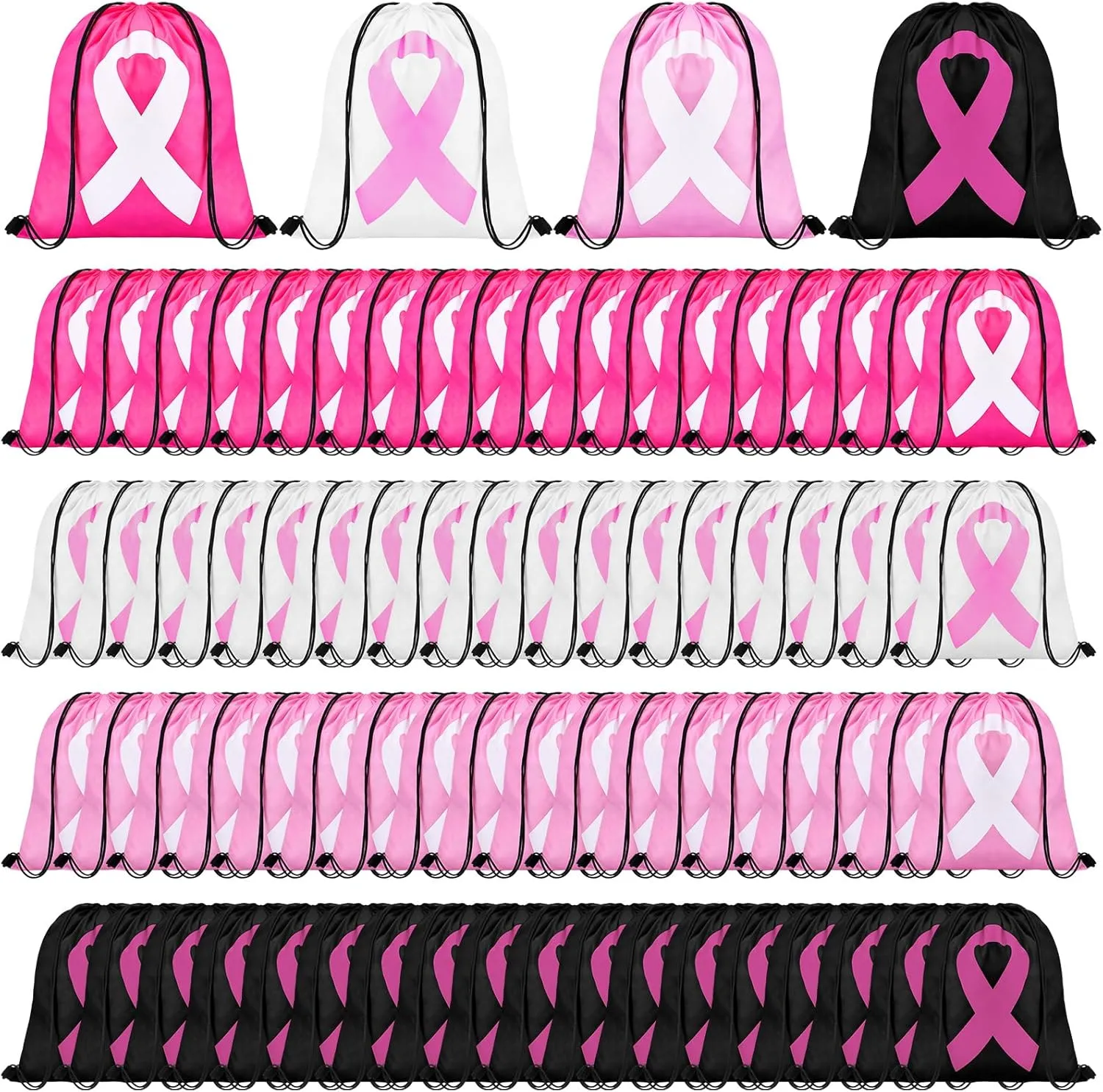 Paterr 144 Pcs Breast Cancer Awareness Drawstring Backpack Ribbon Drawstring Bags Breast Cancer Awareness Accessories for Breast Cancer Charity Event Fundraising Campaign Party Supplies, 4 Colors