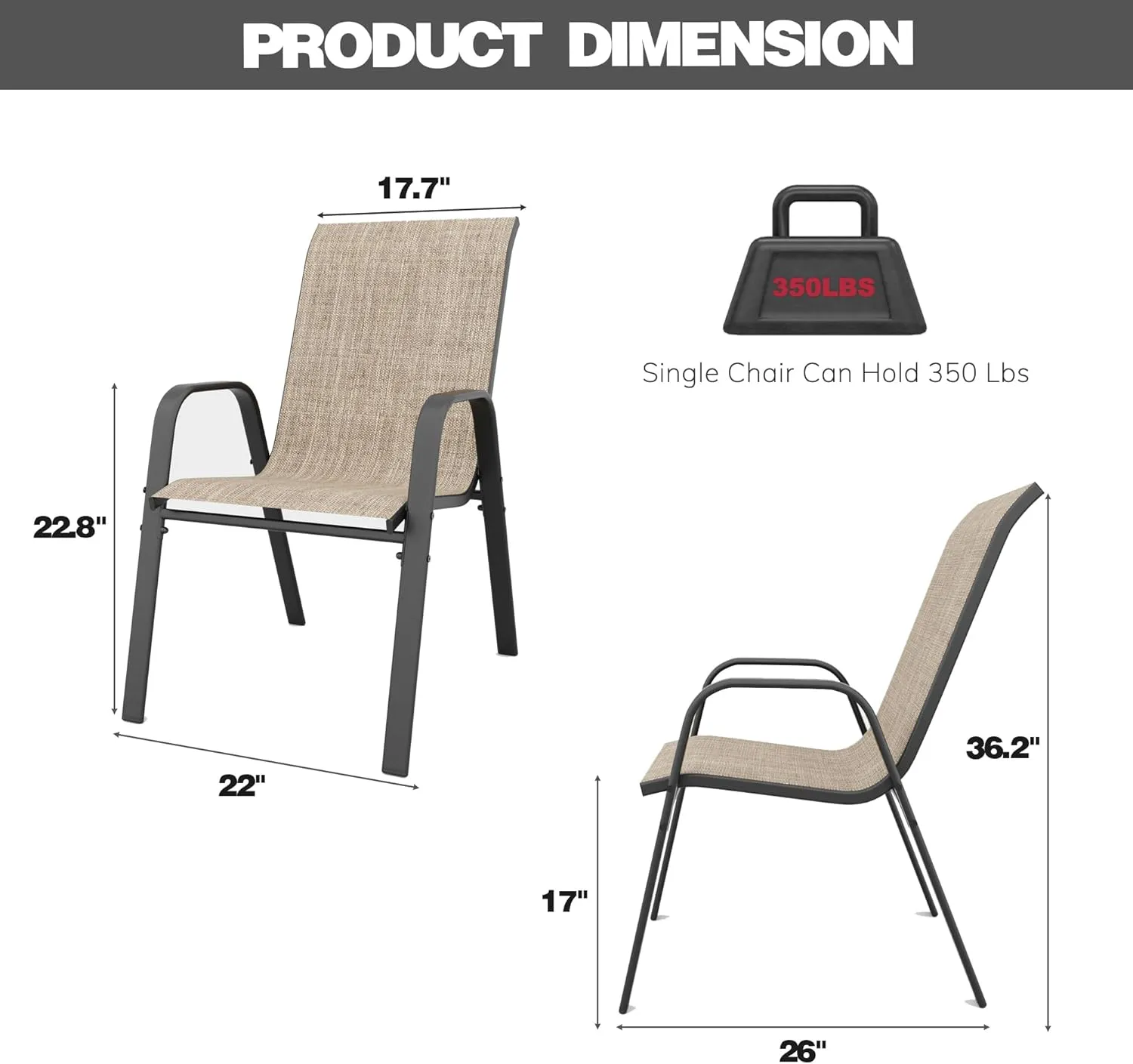 Patio Chairs, Stackable Outdoor Dining Chairs for All Weather Textilene Fabric & Metal Frame, Outdoor Chairs Set for Backyard Deck Garden (Brown, Set of 6)