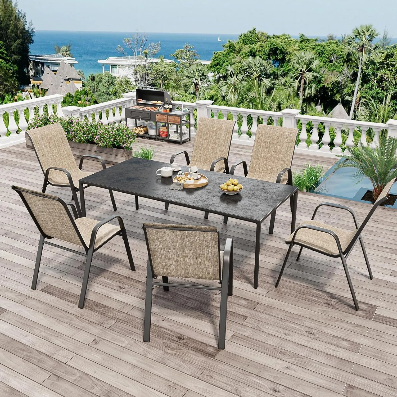 Patio Chairs, Stackable Outdoor Dining Chairs for All Weather Textilene Fabric & Metal Frame, Outdoor Chairs Set for Backyard Deck Garden (Brown, Set of 6)