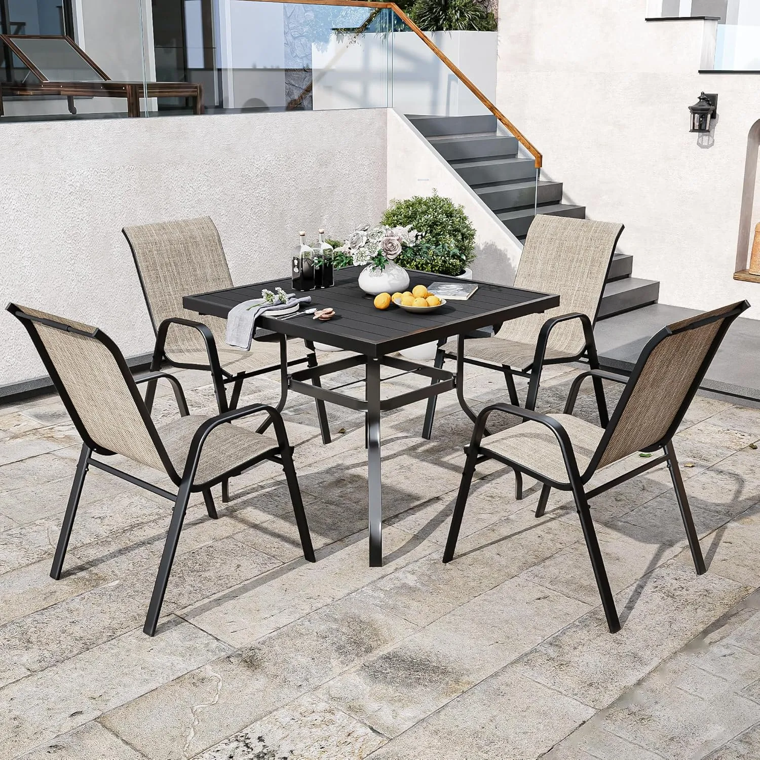 Patio Chairs, Stackable Outdoor Dining Chairs for All Weather Textilene Fabric & Metal Frame, Outdoor Chairs Set for Backyard Deck Garden (Brown, Set of 6)