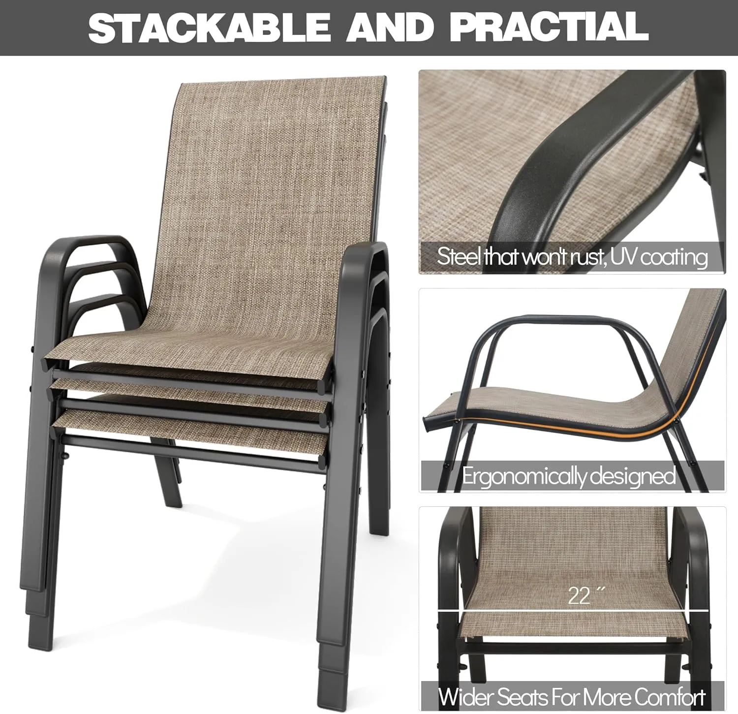 Patio Chairs, Stackable Outdoor Dining Chairs for All Weather Textilene Fabric & Metal Frame, Outdoor Chairs Set for Backyard Deck Garden (Brown, Set of 6)