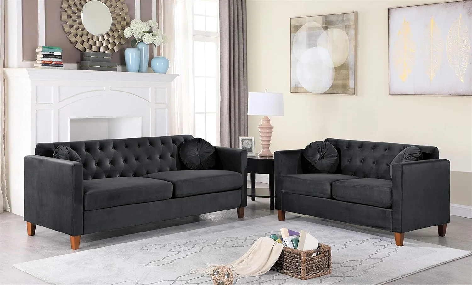 Persaud Living Room 2 Piece Sofa, Loveseat Set with Classic Chesterfield Velvet Upholstery, Ideal for Home, Apartment and Office, Midnight Black