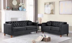 Persaud Living Room 2 Piece Sofa, Loveseat Set with Classic Chesterfield Velvet Upholstery, Ideal for Home, Apartment and Office, Midnight Black
