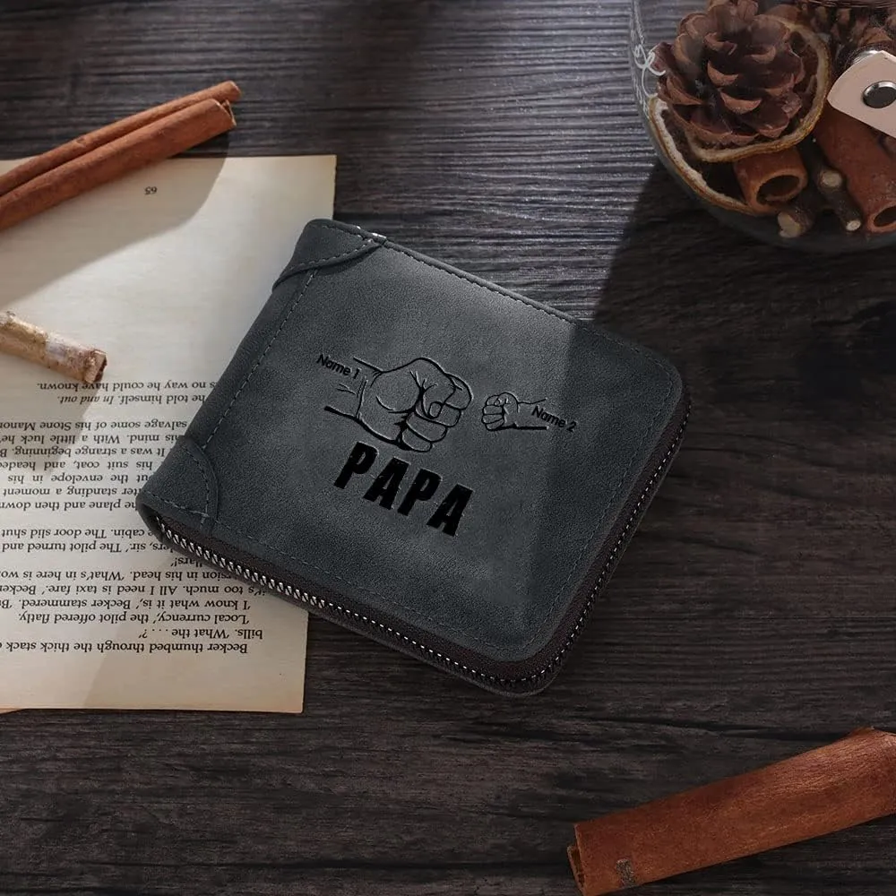 Personalised Men Custom Zipper Wallets Engraved 2-5 Names Bifold Leather Wallet Purse for Dad Husband Papa Grandpa from Daughter Son (2 Names)