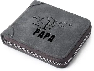 Personalised Men Custom Zipper Wallets Engraved 2-5 Names Bifold Leather Wallet Purse for Dad Husband Papa Grandpa from Daughter Son (2 Names)