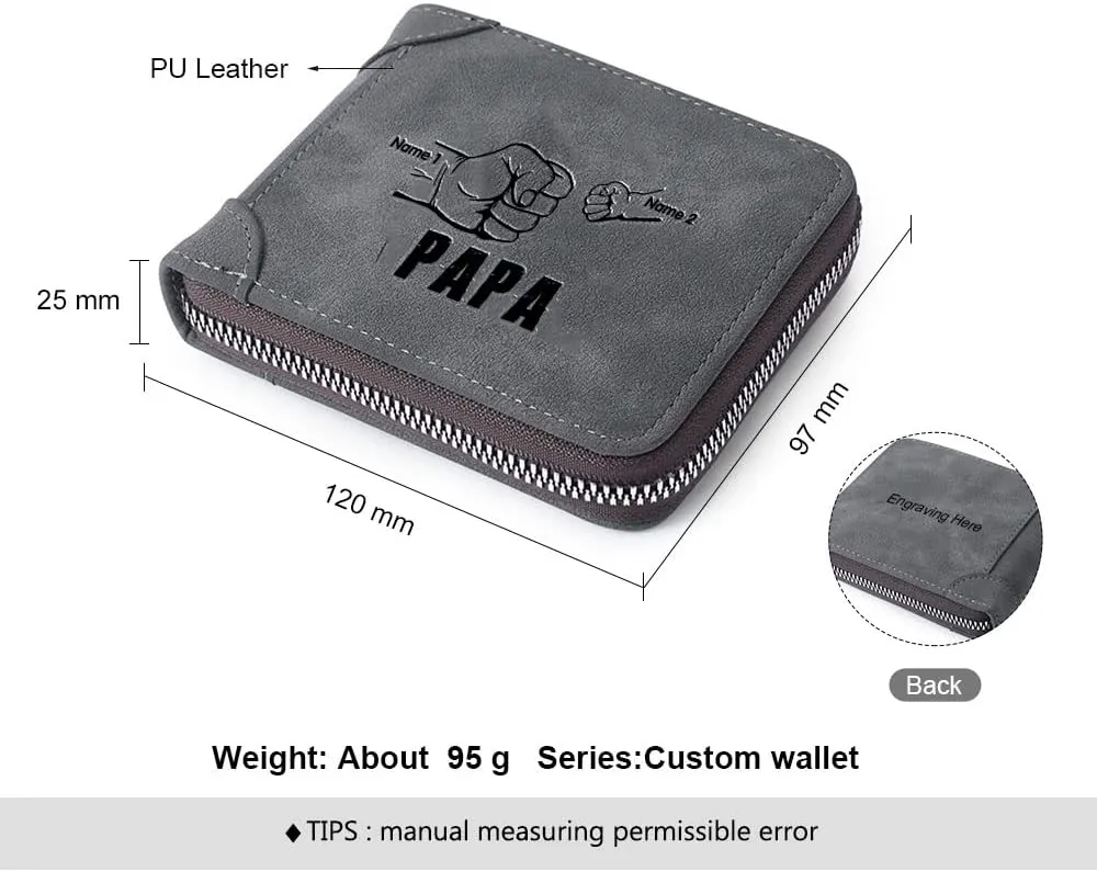 Personalised Men Custom Zipper Wallets Engraved 2-5 Names Bifold Leather Wallet Purse for Dad Husband Papa Grandpa from Daughter Son (2 Names)