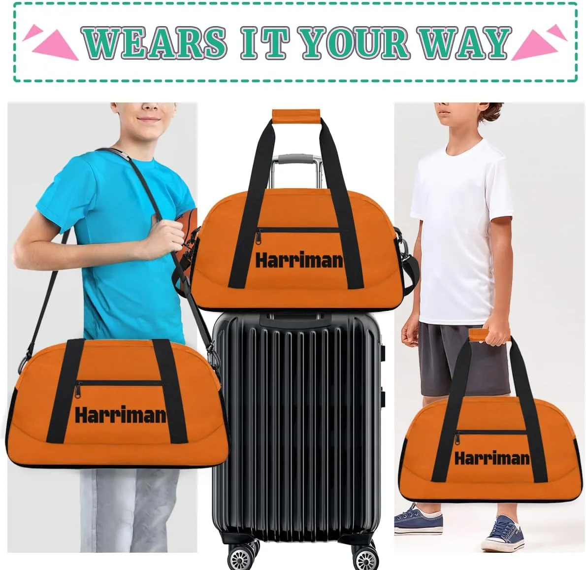 Personalize-Kids-Duffel-Bags With Custom Name Text Carry-On Overnight Travel Gym Lightweight Dance Sports Bags For Girls Boys Kids,Orange