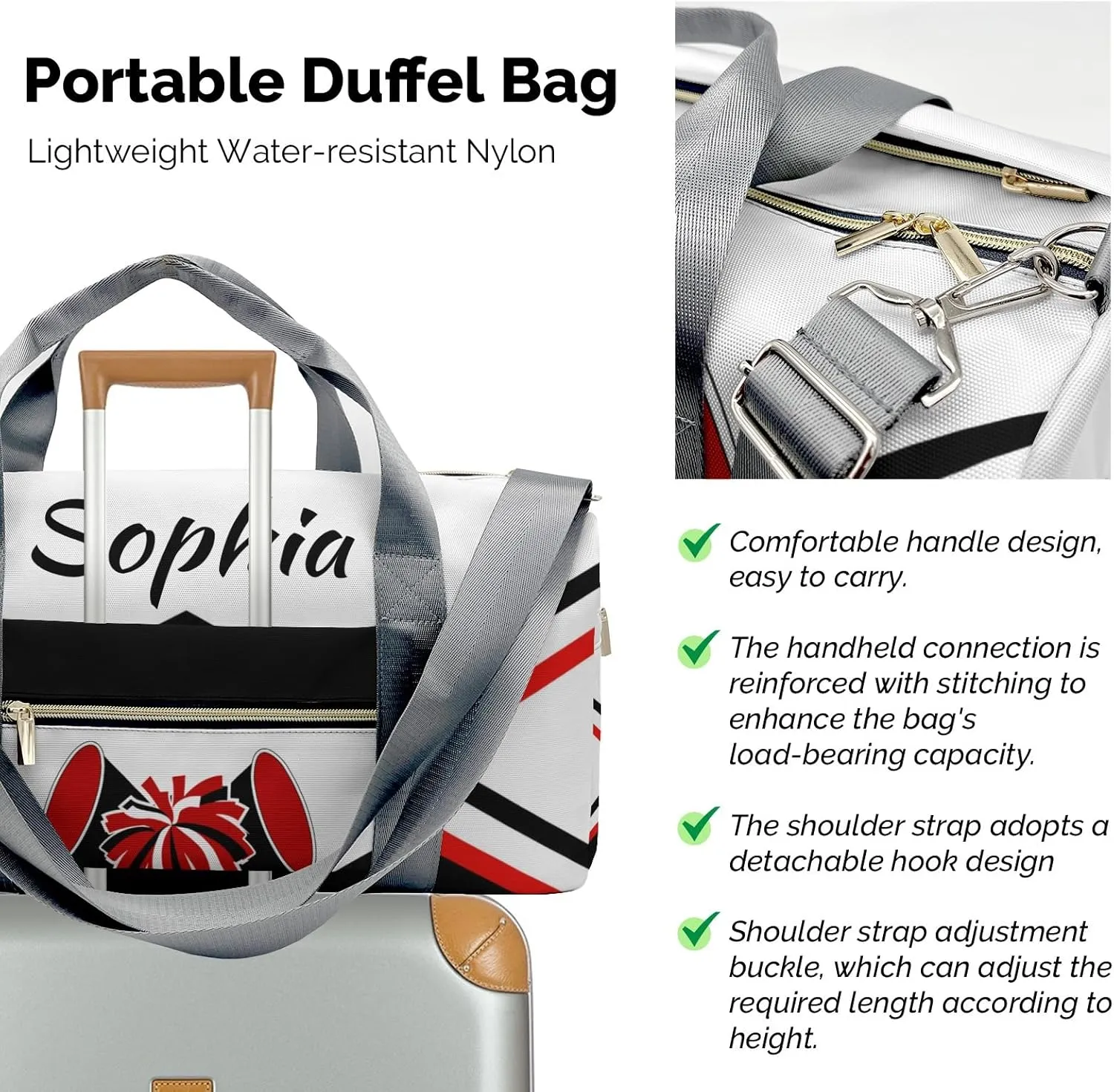 Personalized Cheer Red White Multi-Function Travel Duffel Handbag Large Capacity Handbag Women Men Gym Yoga Ballet with Name