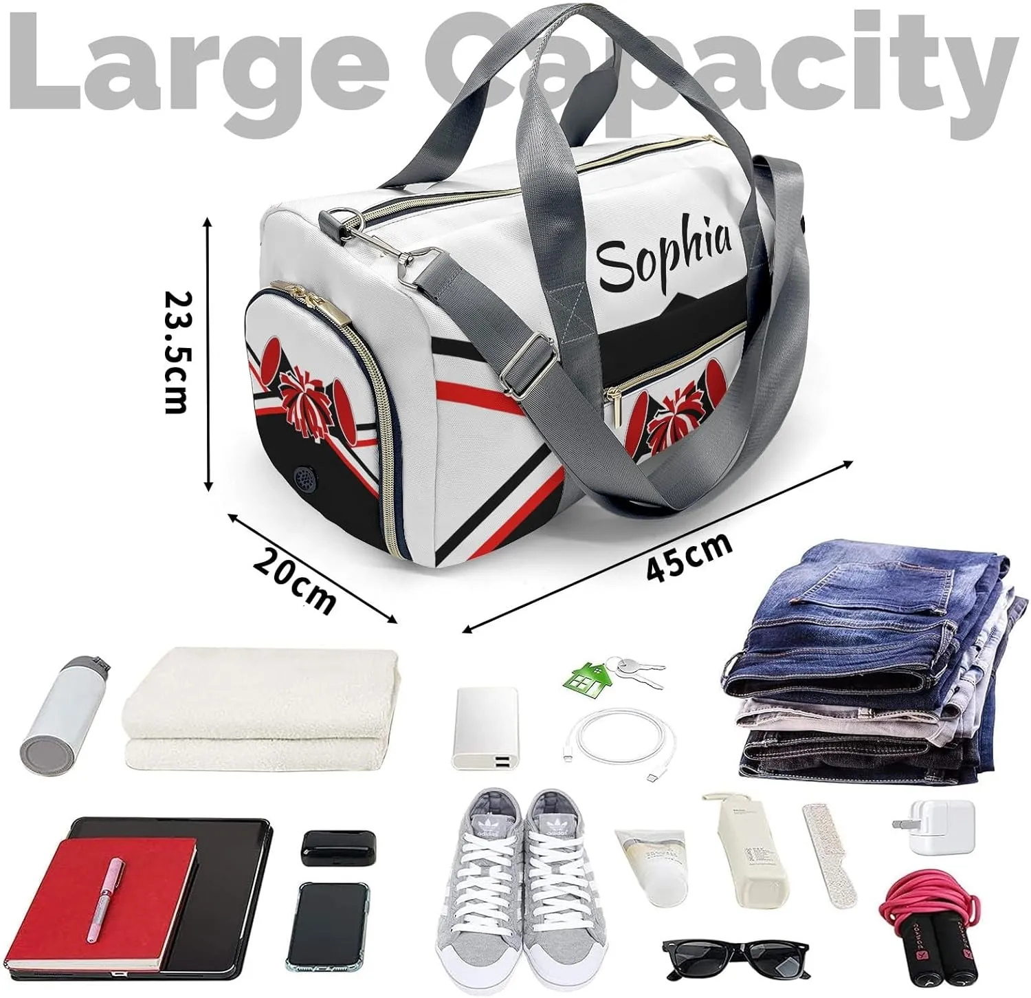 Personalized Cheer Red White Multi-Function Travel Duffel Handbag Large Capacity Handbag Women Men Gym Yoga Ballet with Name