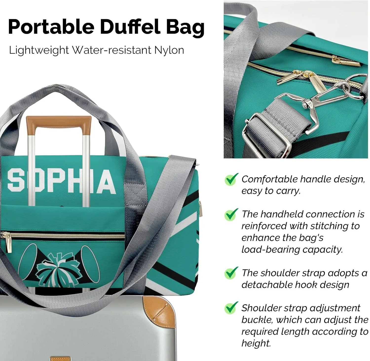 Personalized Multi-Function Travel Cheer Teal Black Duffel Handbag Large Capacity Women Men Gym Yoga Ballet with Name