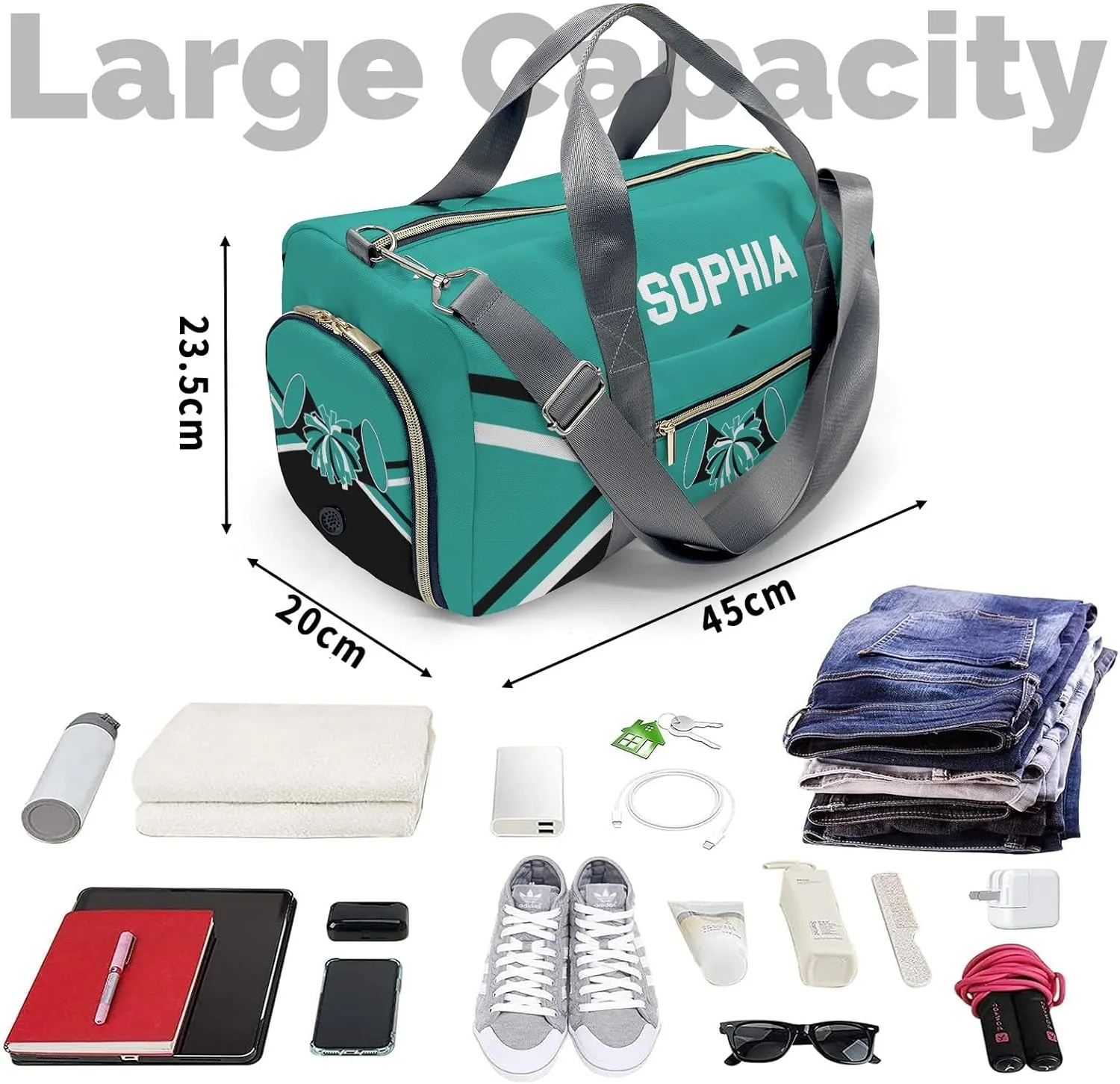 Personalized Multi-Function Travel Cheer Teal Black Duffel Handbag Large Capacity Women Men Gym Yoga Ballet with Name