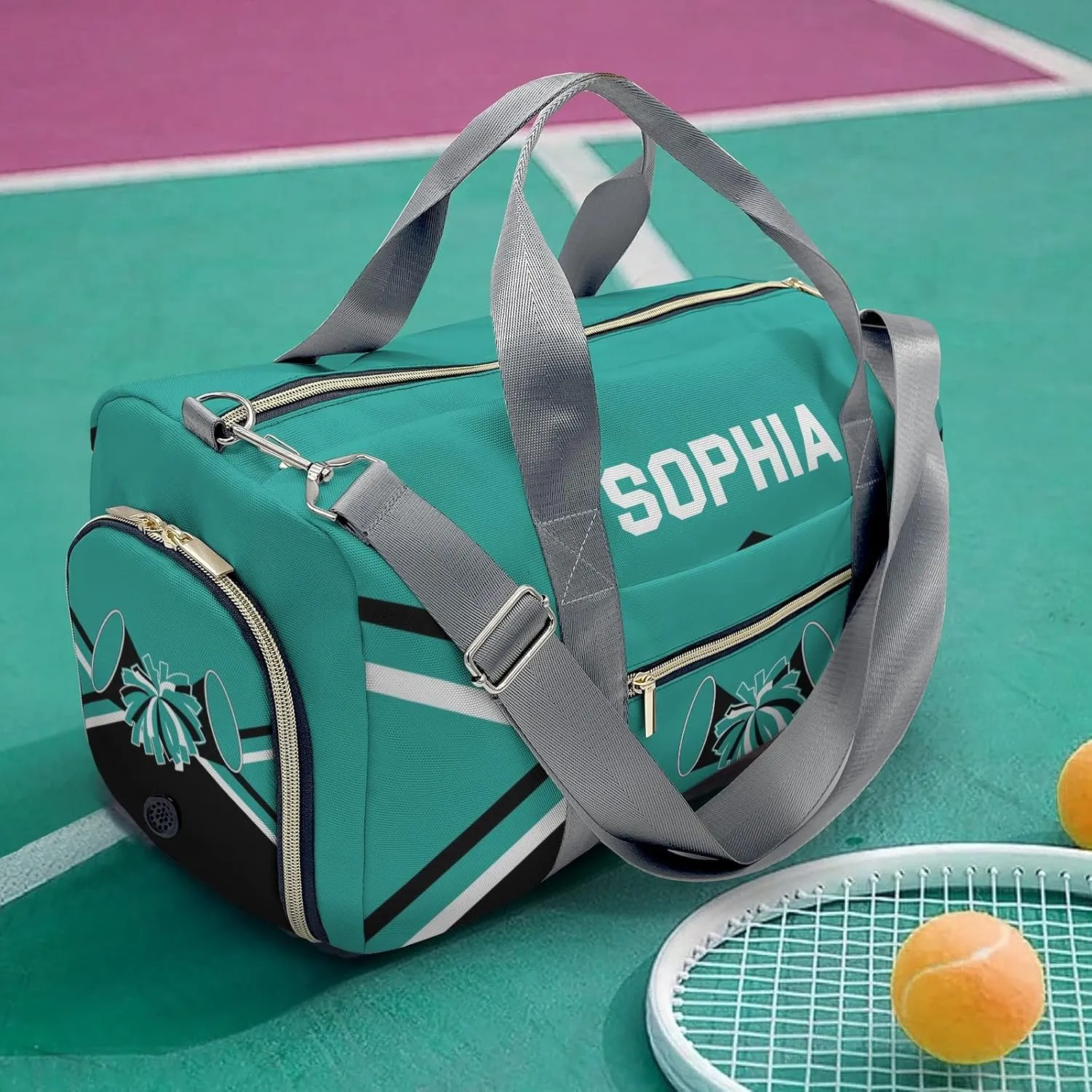 Personalized Multi-Function Travel Cheer Teal Black Duffel Handbag Large Capacity Women Men Gym Yoga Ballet with Name