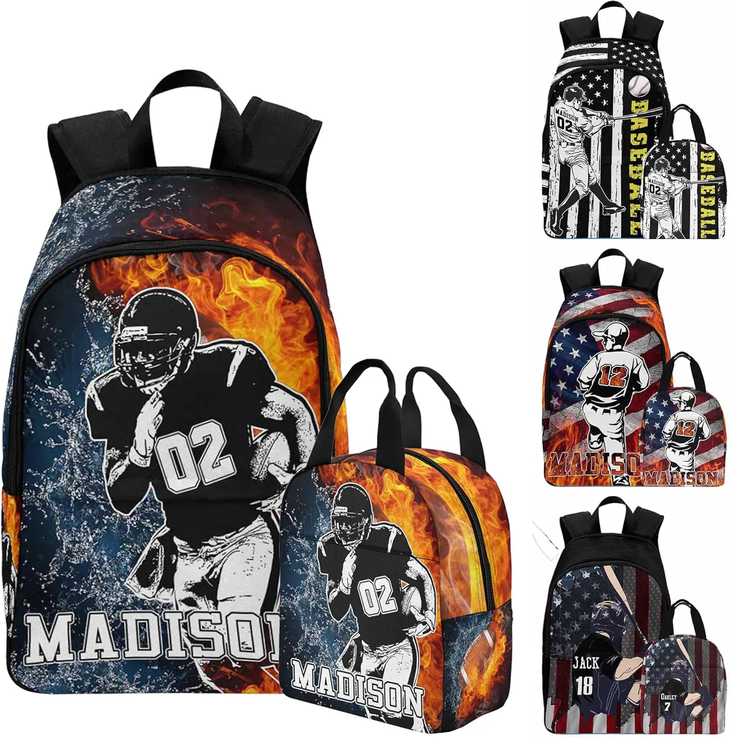 Personalized School Backpack for Elementary Boys, Custom Name Bookbag with Lunch Bag, Baseball Pattern Custom Children Students Shoulder Bag Daypacks for School Sports Travelling