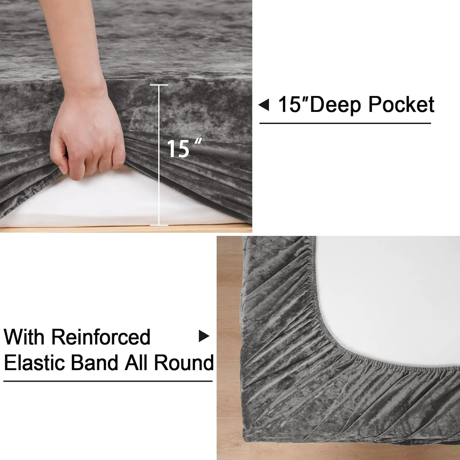 PHF Truly Velvet Fitted Sheet Only Queen Size, Luxury Super Soft Cozy Comfy Fleece Bottom with 15" Deep Pocket,Suitable for Fall Winter and Spring, No Pillowcases, Charcoal/Dark Grey