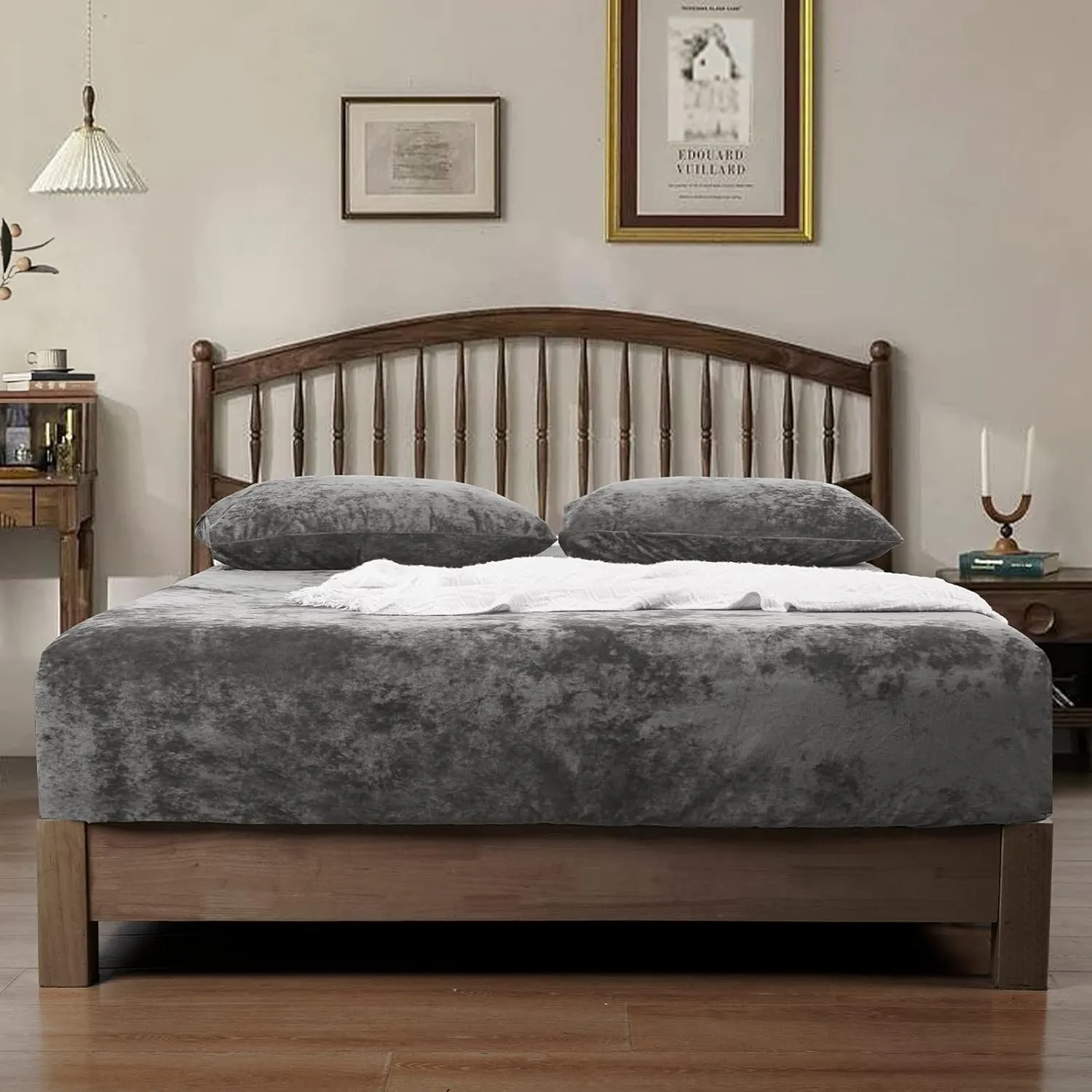PHF Truly Velvet Fitted Sheet Only Queen Size, Luxury Super Soft Cozy Comfy Fleece Bottom with 15" Deep Pocket,Suitable for Fall Winter and Spring, No Pillowcases, Charcoal/Dark Grey