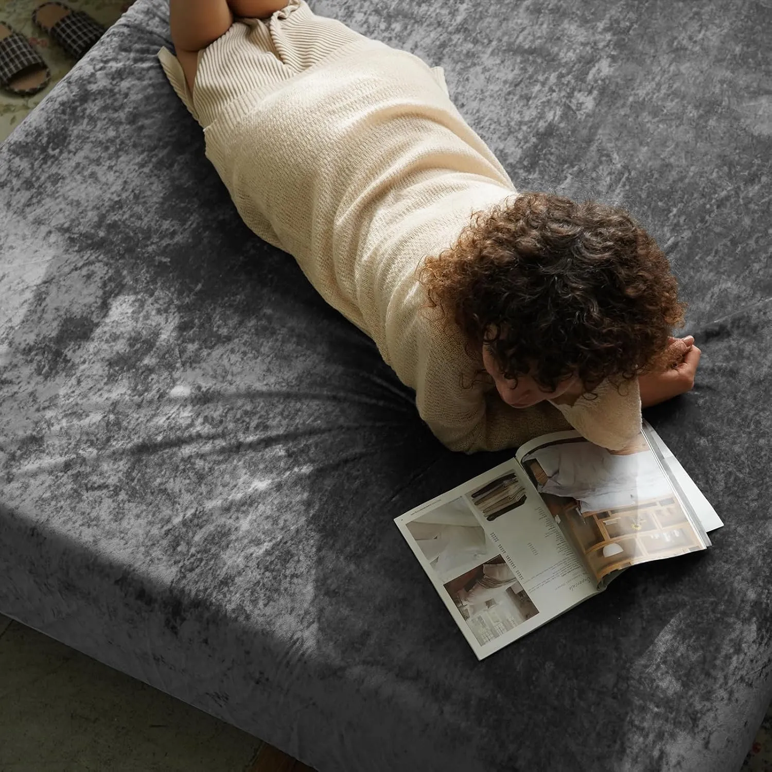 PHF Truly Velvet Fitted Sheet Only Queen Size, Luxury Super Soft Cozy Comfy Fleece Bottom with 15" Deep Pocket,Suitable for Fall Winter and Spring, No Pillowcases, Charcoal/Dark Grey