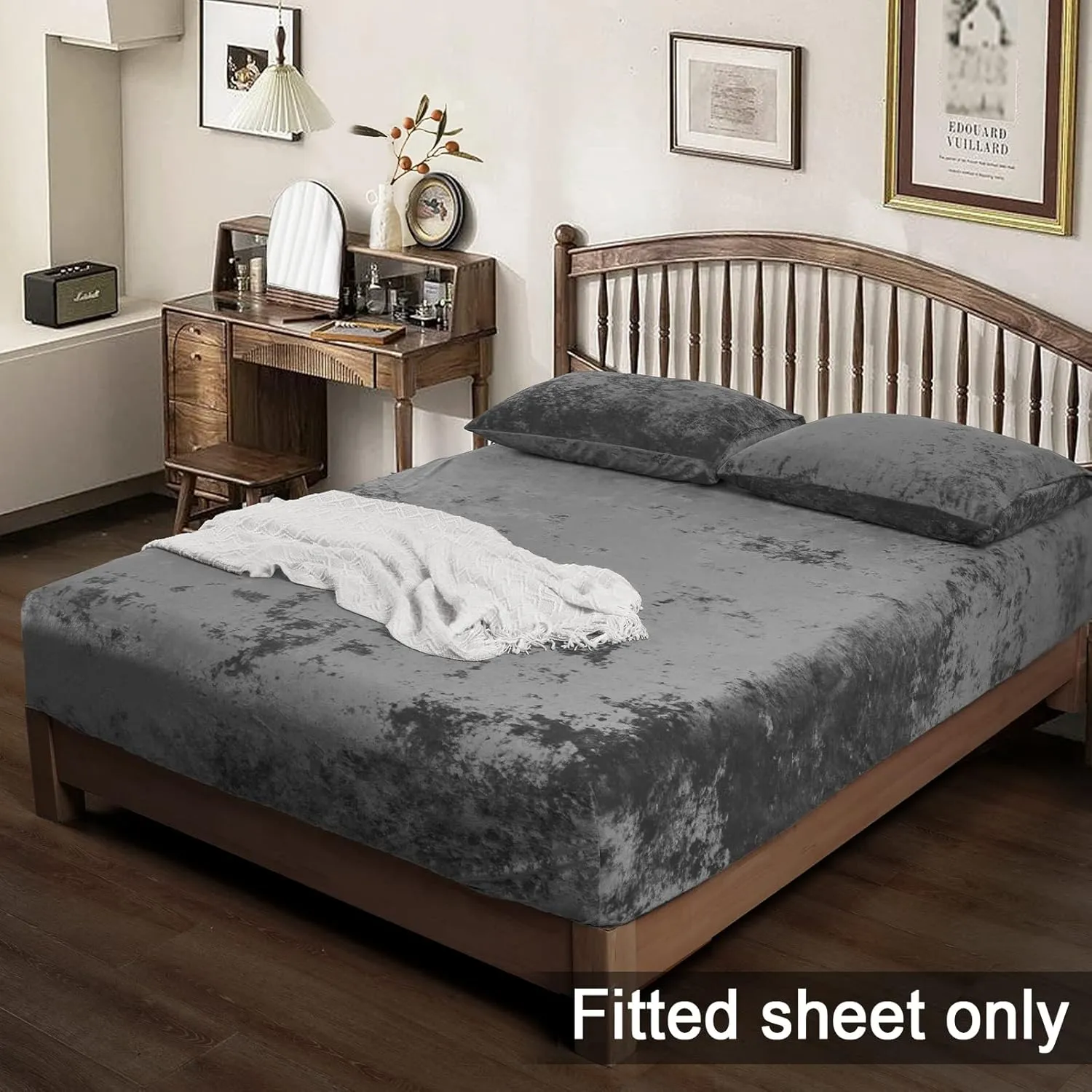 PHF Truly Velvet Fitted Sheet Only Queen Size, Luxury Super Soft Cozy Comfy Fleece Bottom with 15" Deep Pocket,Suitable for Fall Winter and Spring, No Pillowcases, Charcoal/Dark Grey