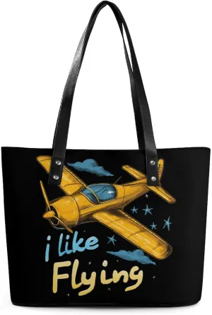 Pilot I Love Flying Plane Women's Tote Shoulder Bag Handbag Top Handle Leather 29 * 34 * 14cm