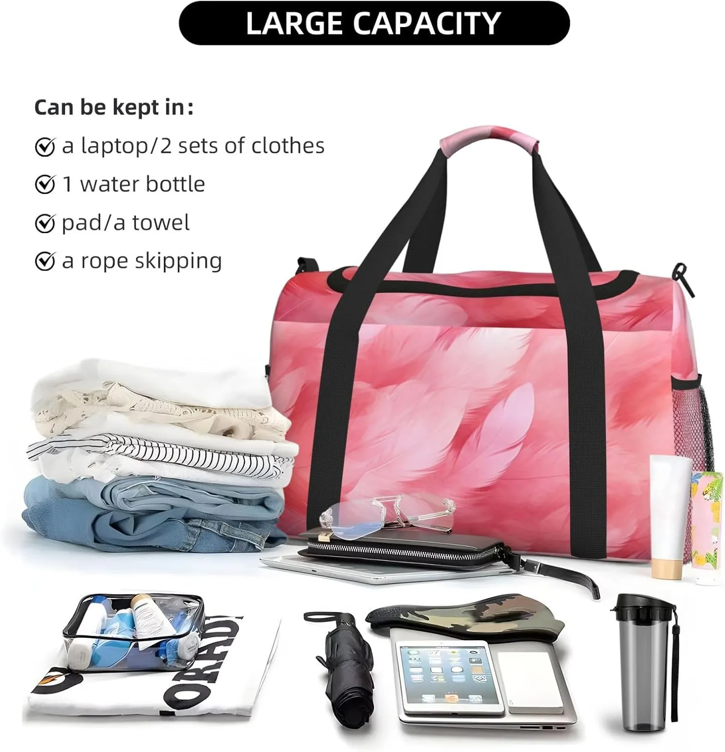 Pink Feathers Duffle Bag Foldable Travel Tote Bag Carry On Large Weekender Overnight Bags Waterproof Gym Bag For Women Men