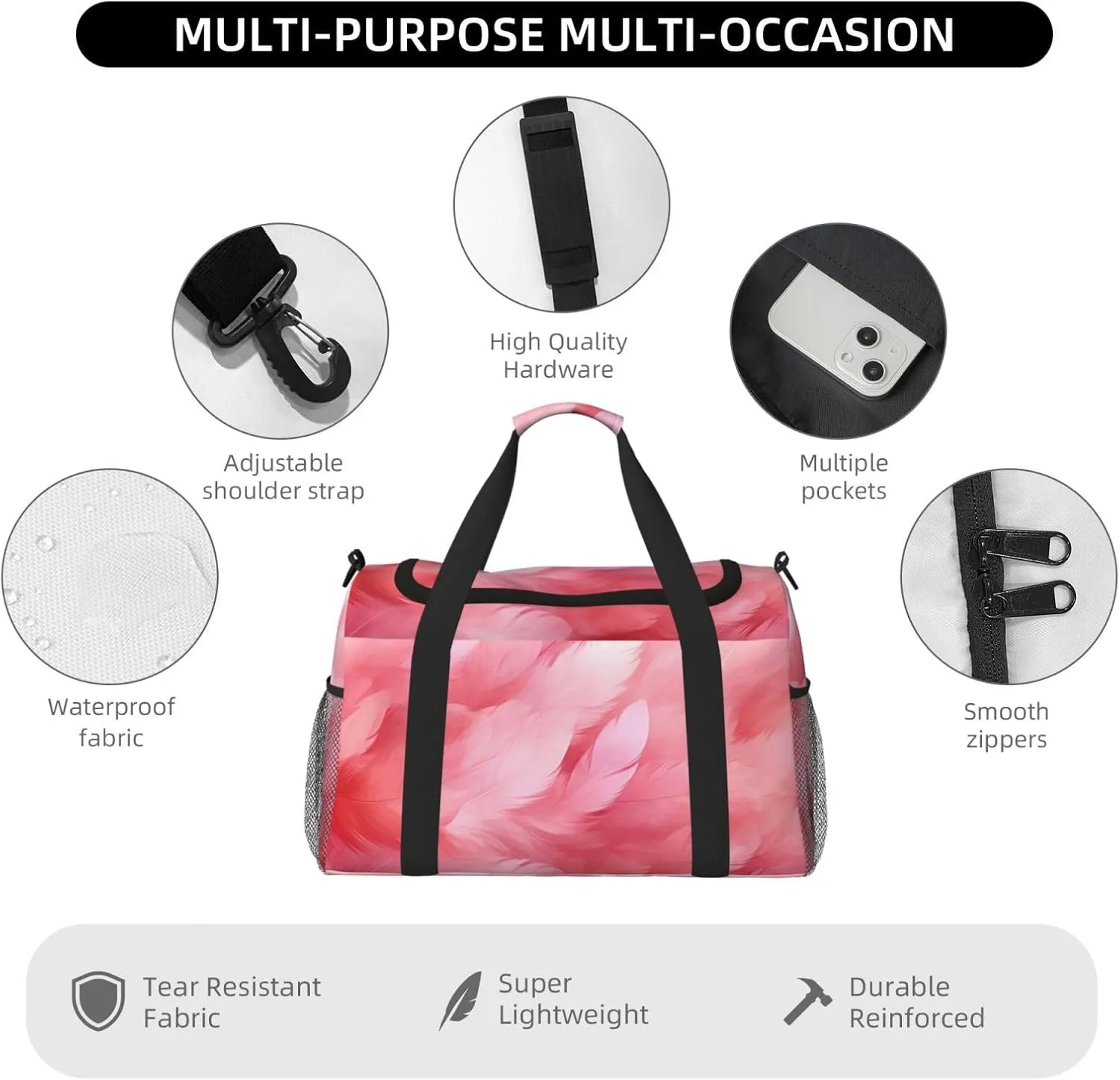 Pink Feathers Duffle Bag Foldable Travel Tote Bag Carry On Large Weekender Overnight Bags Waterproof Gym Bag For Women Men