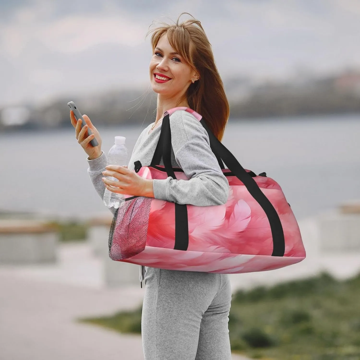 Pink Feathers Duffle Bag Foldable Travel Tote Bag Carry On Large Weekender Overnight Bags Waterproof Gym Bag For Women Men
