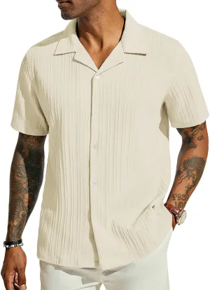 PJ PAUL JONES Men's Casual Button Down Shirts - Short Sleeve Summer Textured Beach Wrinkle-Free Shirts