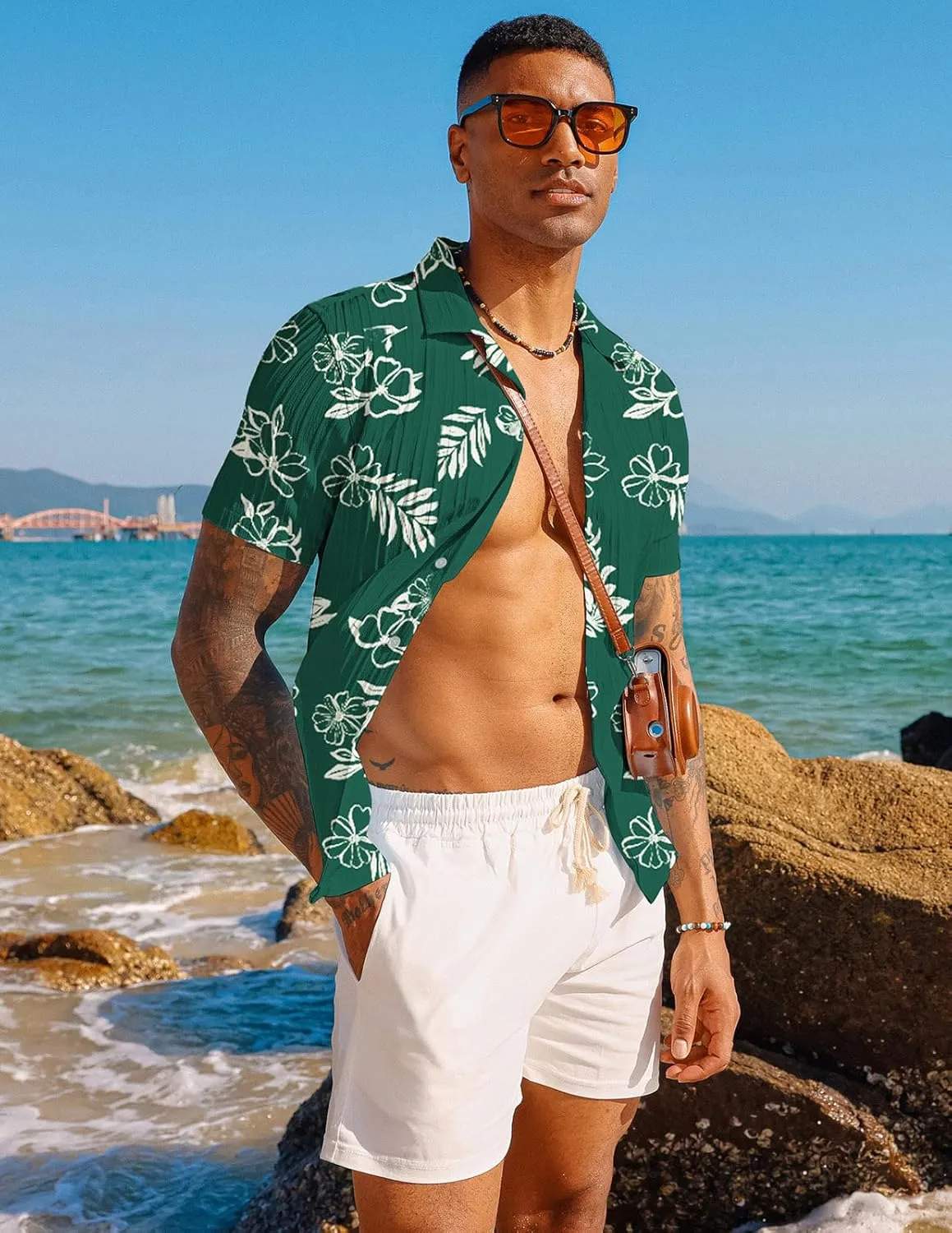 PJ PAUL JONES Men's Casual Button Down Shirts - Short Sleeve Summer Textured Beach Wrinkle-Free Shirts
