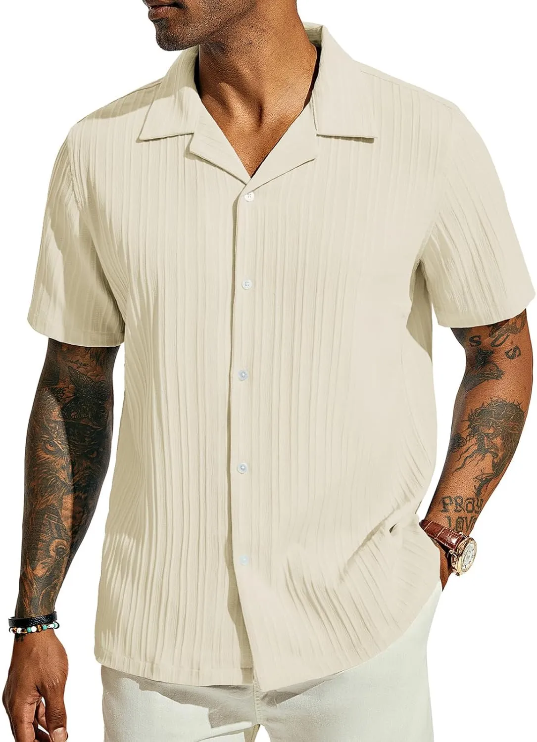 PJ PAUL JONES Men's Casual Button Down Shirts - Short Sleeve Summer Textured Beach Wrinkle-Free Shirts