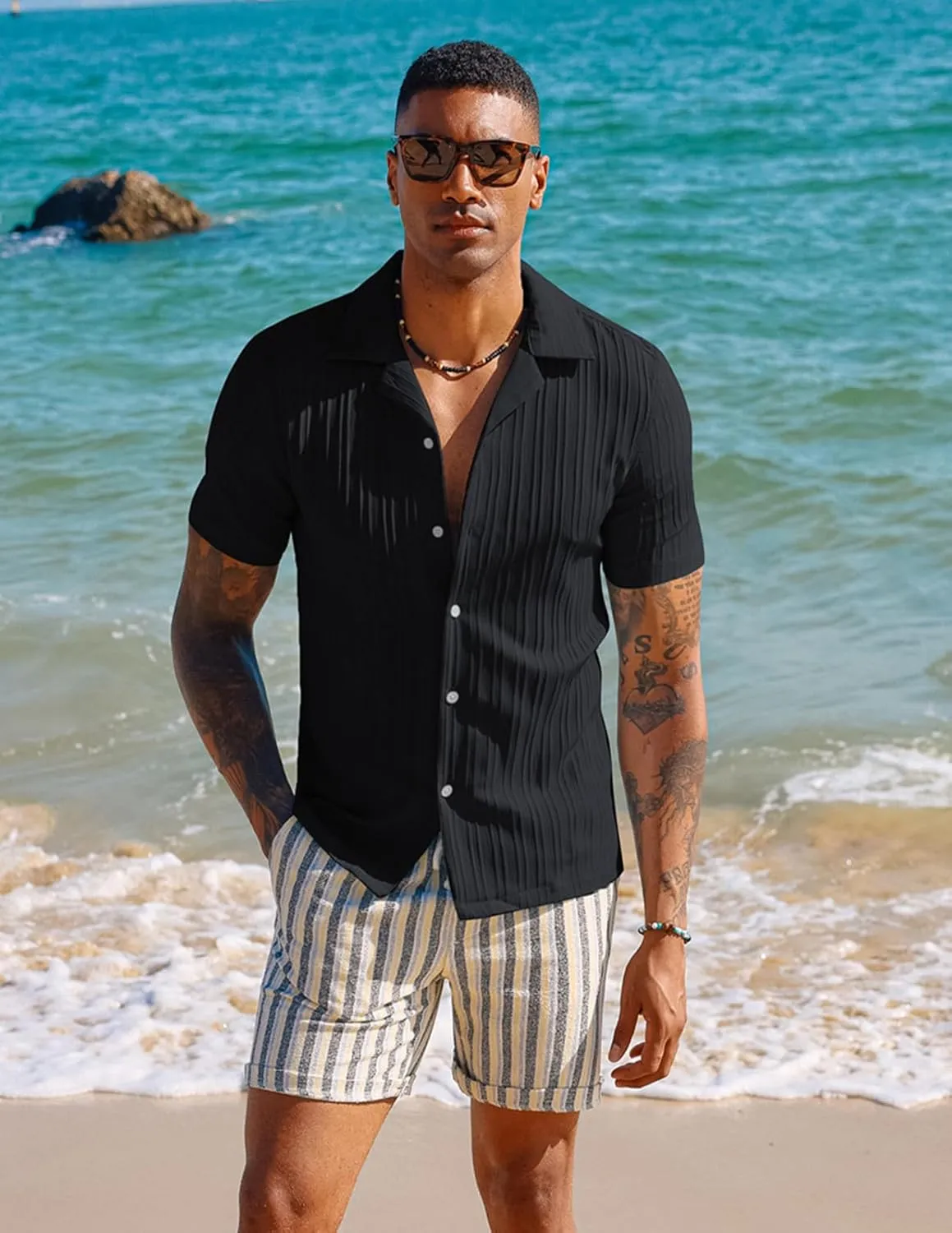 PJ PAUL JONES Men's Casual Button Down Shirts - Short Sleeve Summer Textured Beach Wrinkle-Free Shirts