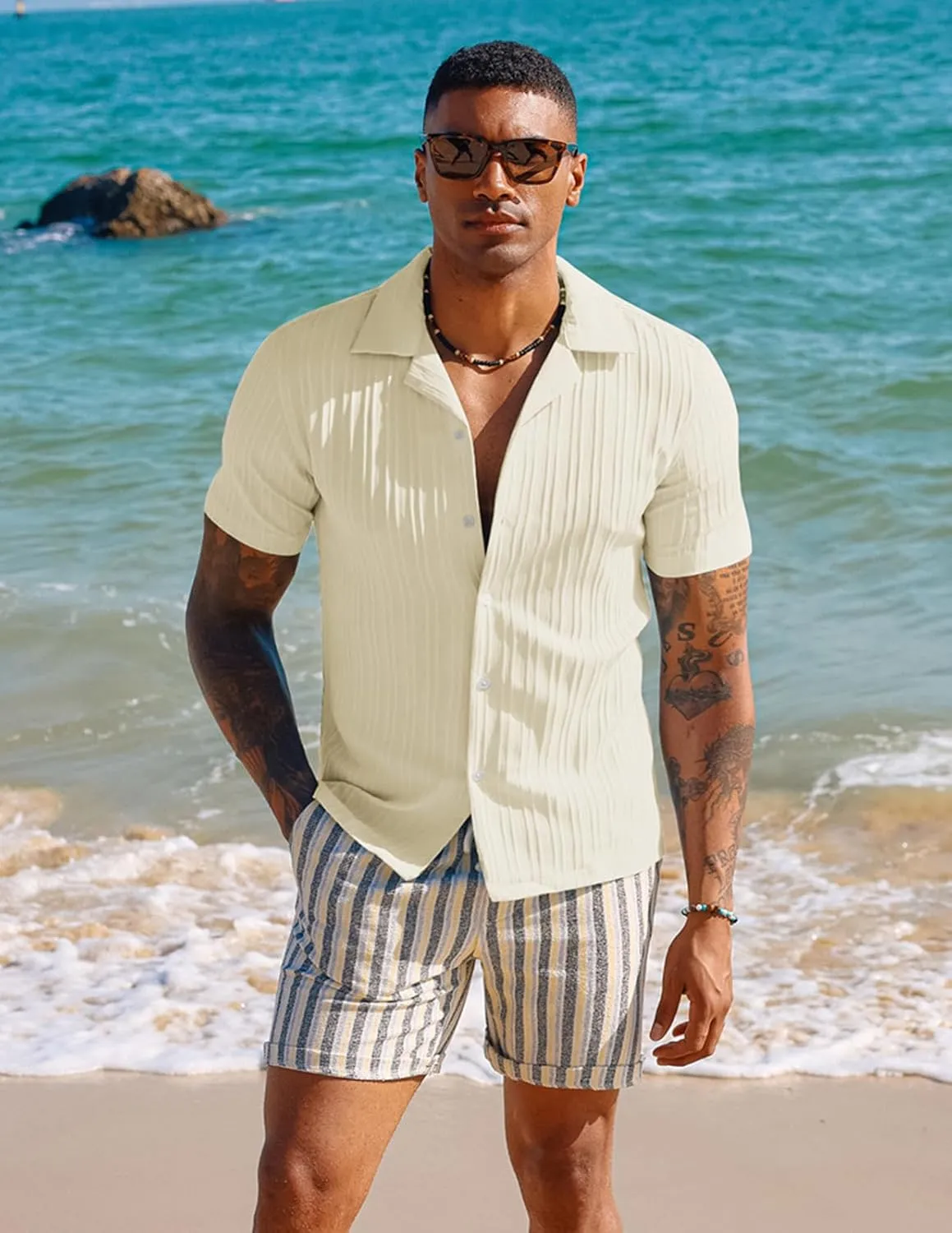 PJ PAUL JONES Men's Casual Button Down Shirts - Short Sleeve Summer Textured Beach Wrinkle-Free Shirts