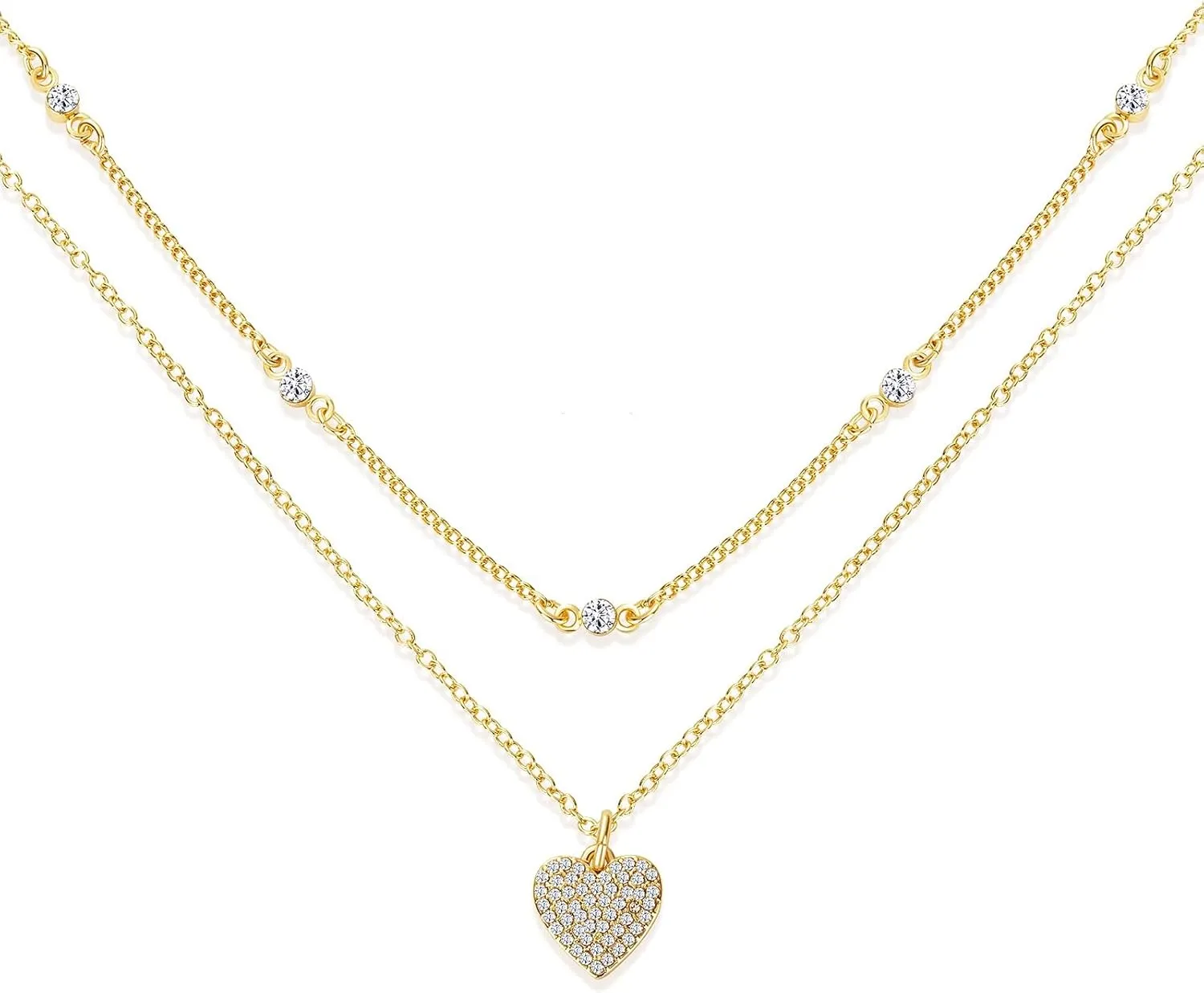 Planch Double Layered Heart Shaped Gold Necklace for Women, Pendant Chain Necklace for Women Fashionable Cuban Link Chain Toggle Clasp Necklace Fashionable Delicate Jewelry for Women