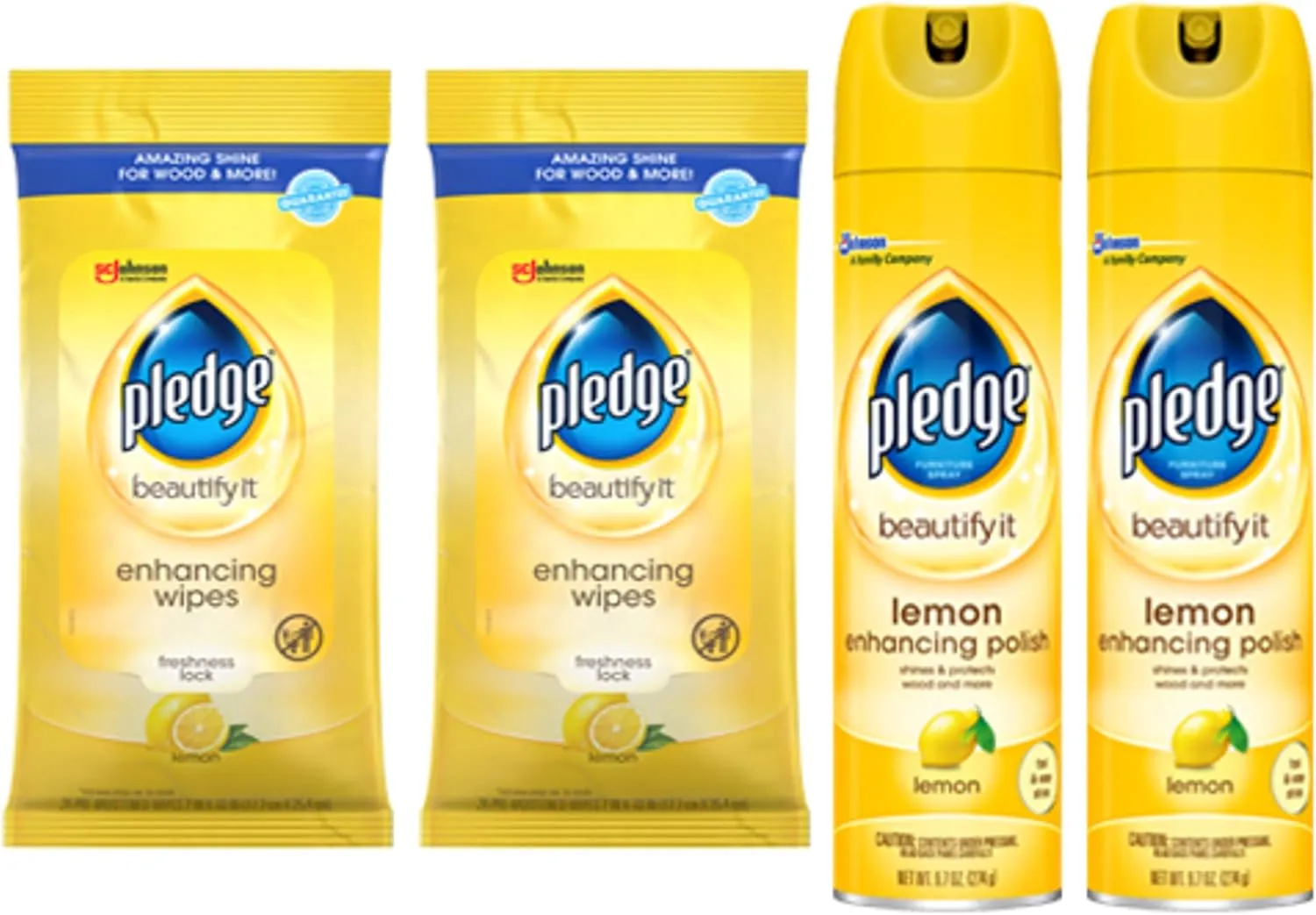 Pledge Multi-Surface Cleaner Spray and Wipes Bundle, Works on Leather, Granite, Wood, Lemon Scent (2 Count of 9.7 oz Cans, and 2 Pack of 24 Wipes)