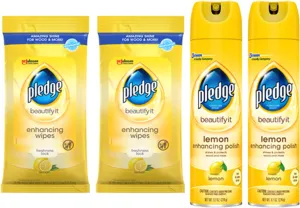 Pledge Multi-Surface Cleaner Spray and Wipes Bundle, Works on Leather, Granite, Wood, Lemon Scent (2 Count of 9.7 oz Cans, and 2 Pack of 24 Wipes)