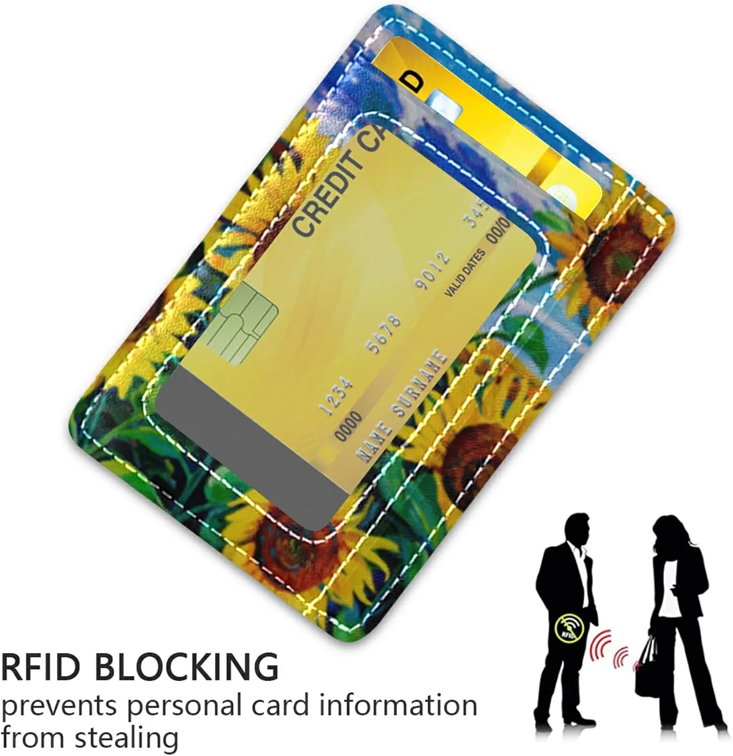 Poeticcity Landscape of Yellow Sunflowers with Green Leaves Blue Sky White Cloud Slim Minimalist Wallet, Case Protector Covers for Men Women, Front Pocket RFID Blocking Leather Credit Card Holder