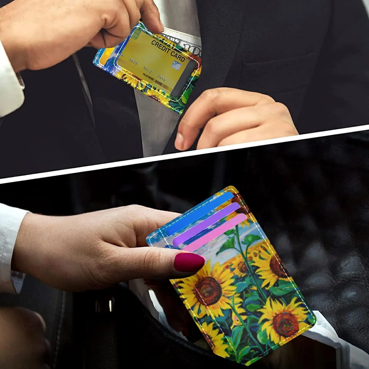 Poeticcity Landscape of Yellow Sunflowers with Green Leaves Blue Sky White Cloud Slim Minimalist Wallet, Case Protector Covers for Men Women, Front Pocket RFID Blocking Leather Credit Card Holder