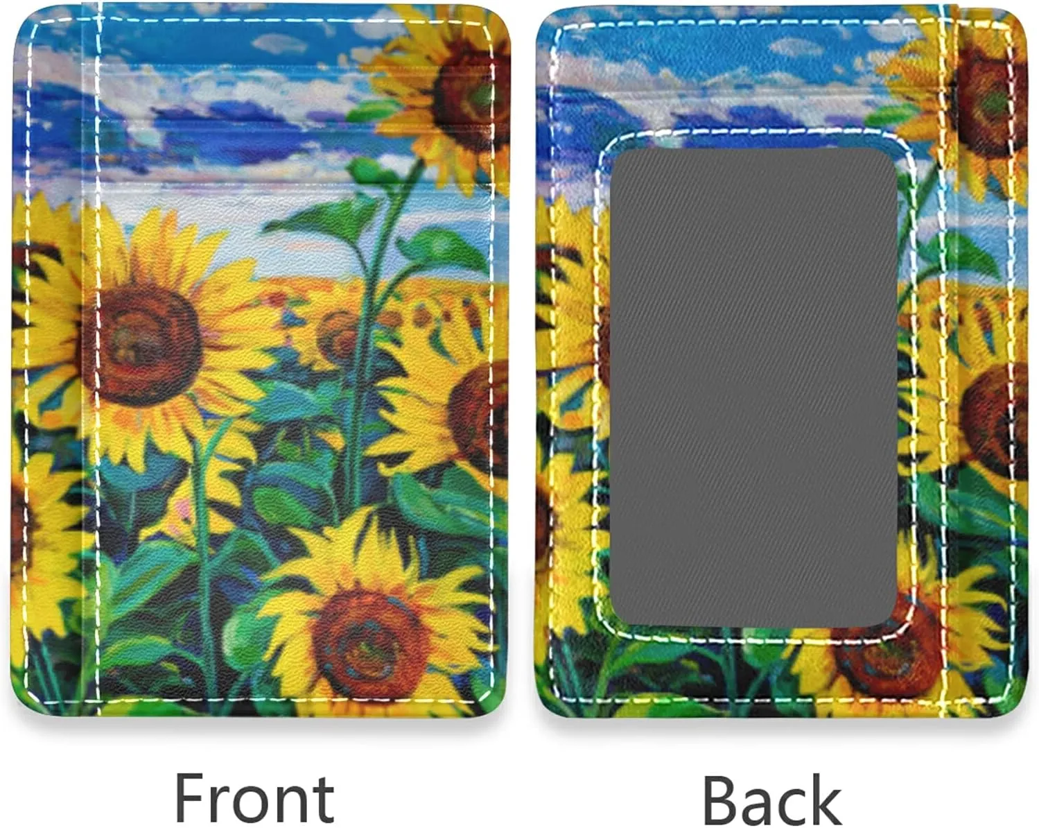 Poeticcity Landscape of Yellow Sunflowers with Green Leaves Blue Sky White Cloud Slim Minimalist Wallet, Case Protector Covers for Men Women, Front Pocket RFID Blocking Leather Credit Card Holder