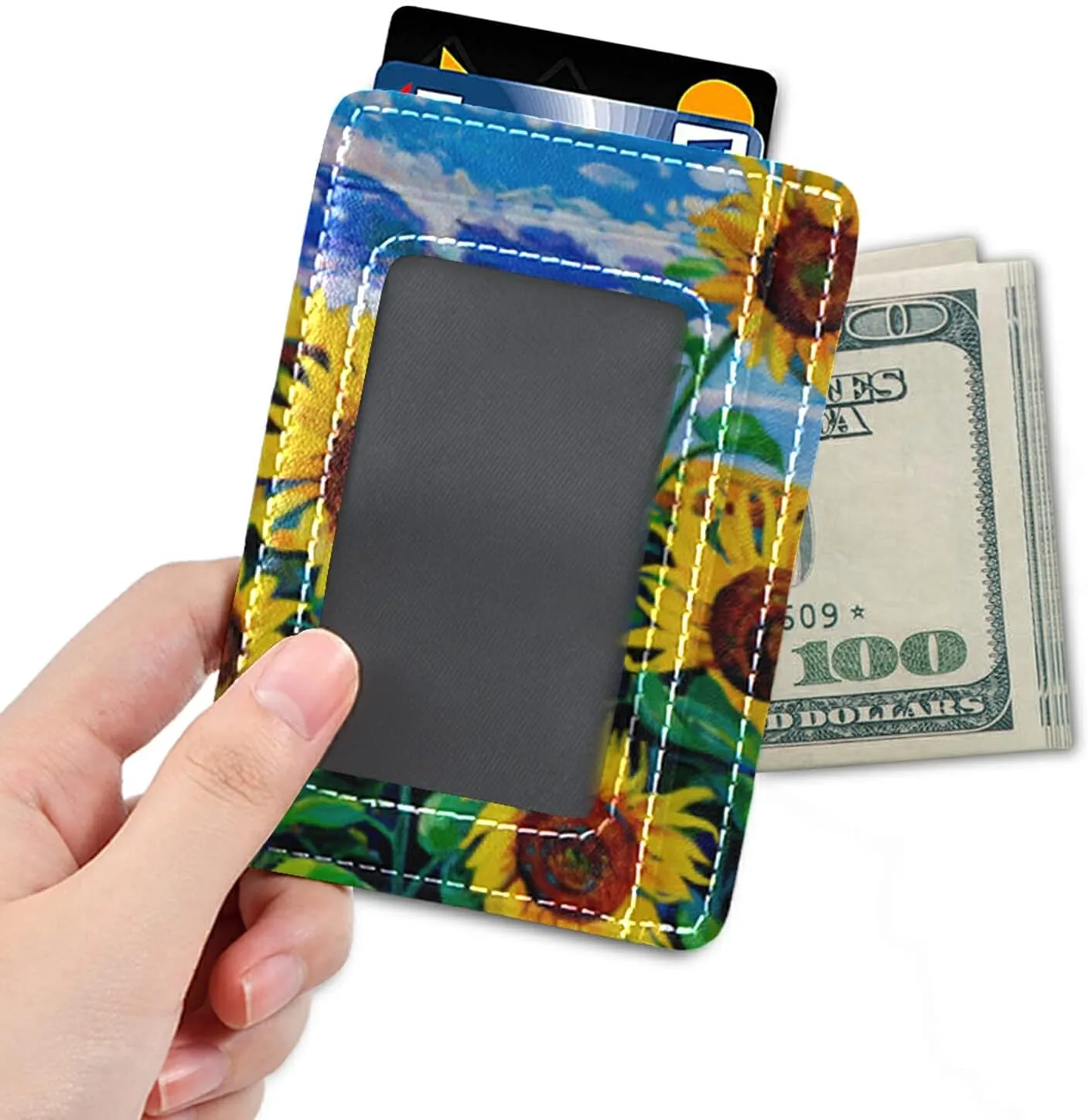 Poeticcity Landscape of Yellow Sunflowers with Green Leaves Blue Sky White Cloud Slim Minimalist Wallet, Case Protector Covers for Men Women, Front Pocket RFID Blocking Leather Credit Card Holder