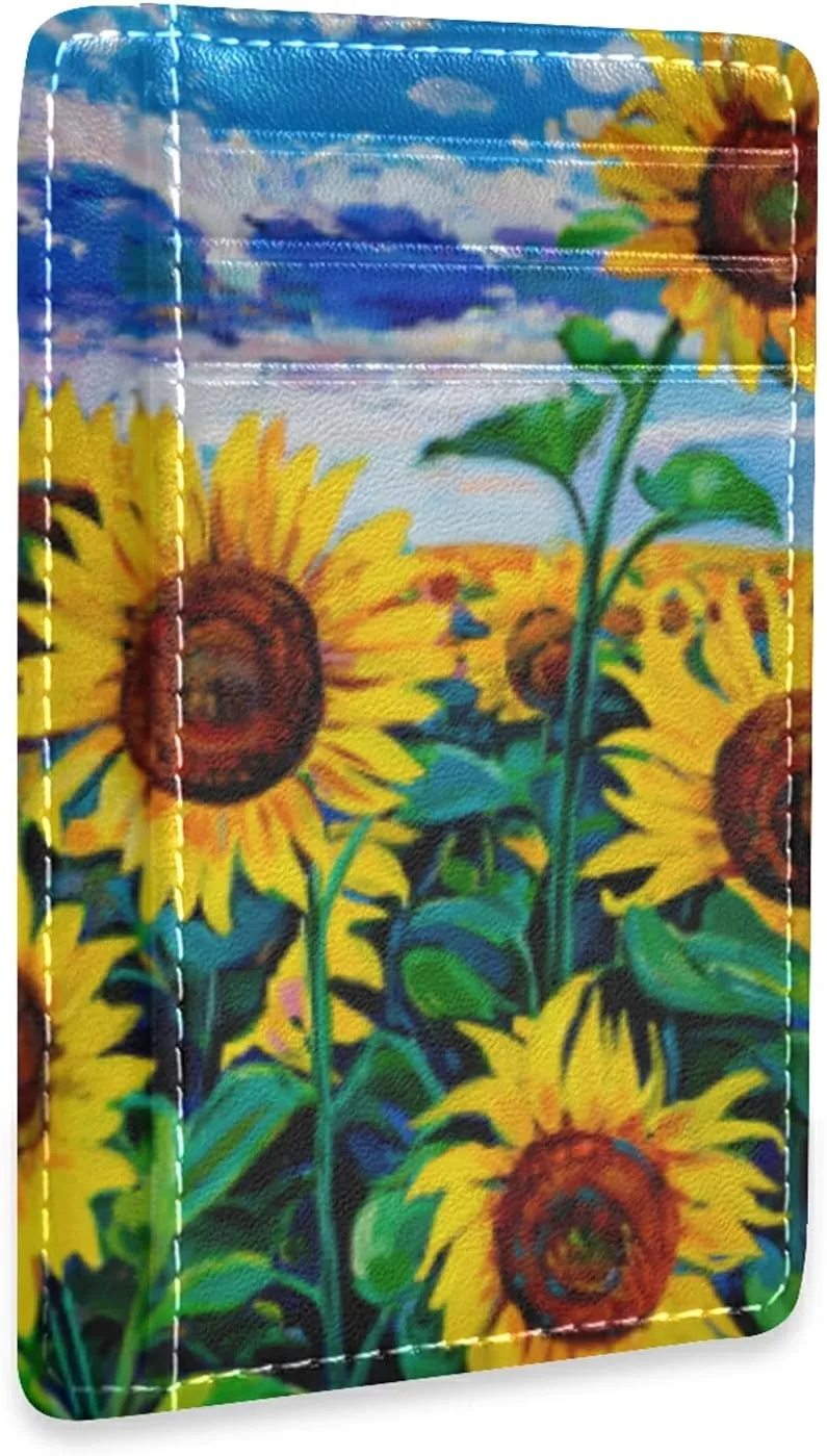 Poeticcity Landscape of Yellow Sunflowers with Green Leaves Blue Sky White Cloud Slim Minimalist Wallet, Case Protector Covers for Men Women, Front Pocket RFID Blocking Leather Credit Card Holder